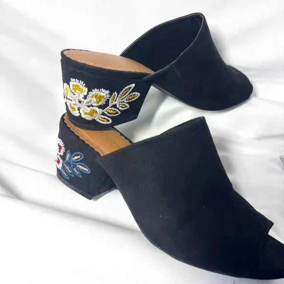 Restricted Women's Slip On Block 2 1/2" Heels-Black Floral Embroidered-Open Toe - Picture 1 of 16